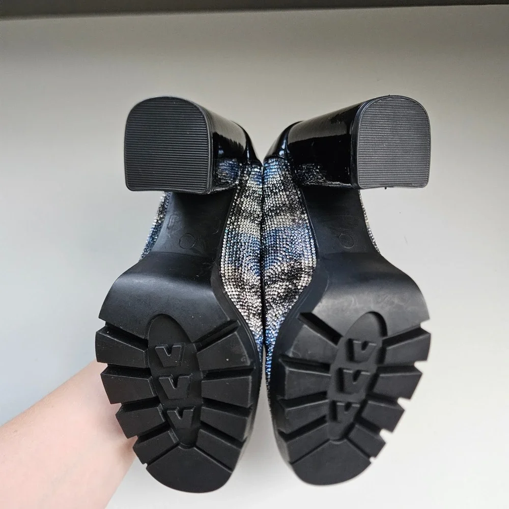 Rhinestone Heel Loafers Platform Block Plaid 6.5 Glam Sparkle Maximalist Party